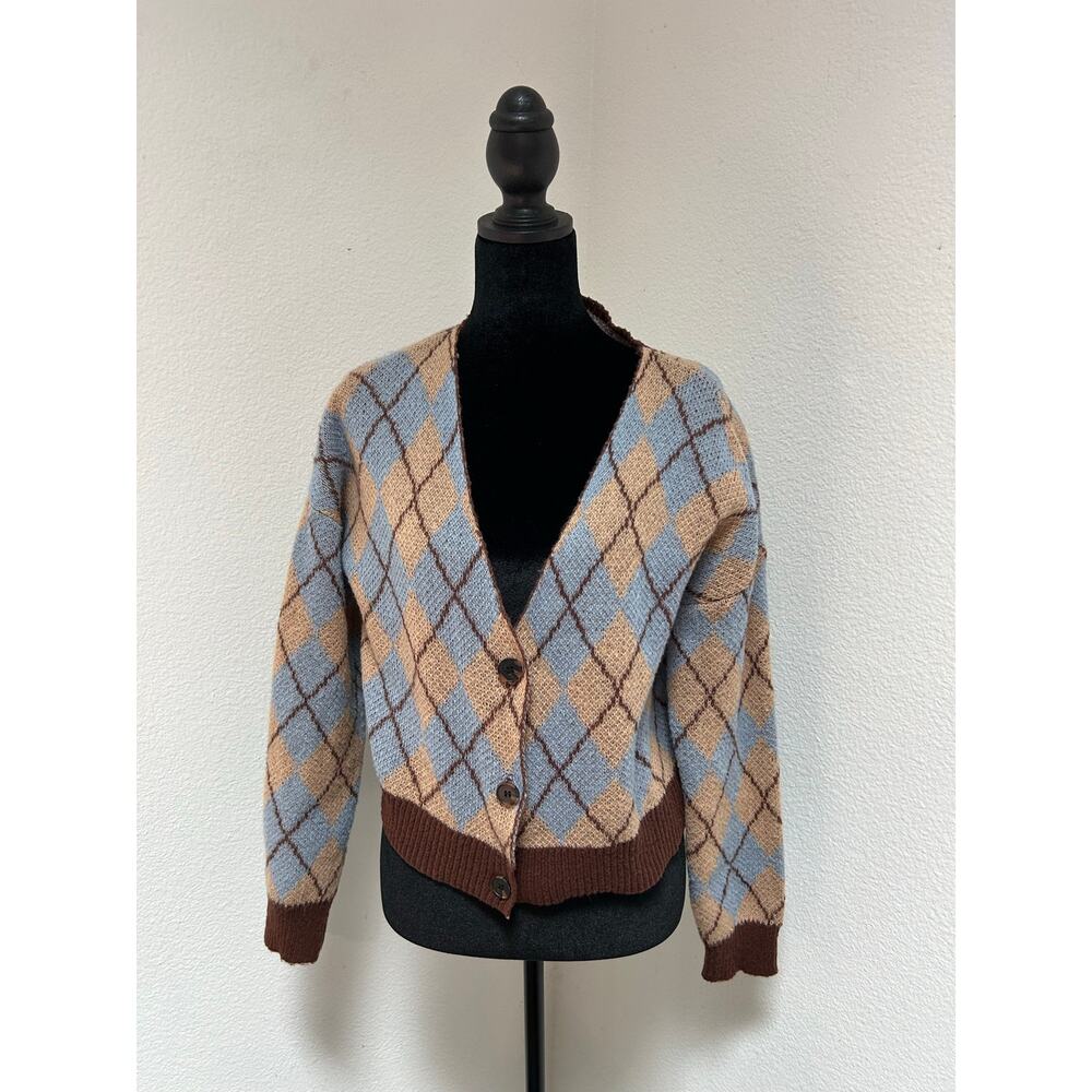 BLUE & TAN PLAID “Crop” Button Up Long Sleeve Cardigan / Size- Large